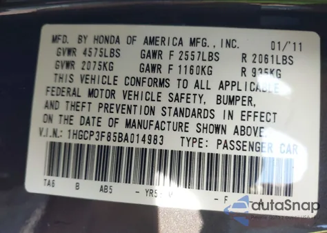 2011 Honda Accord 3.5 Ex-L из США, поврежденный, VIN 1HGCP3F85BA014983